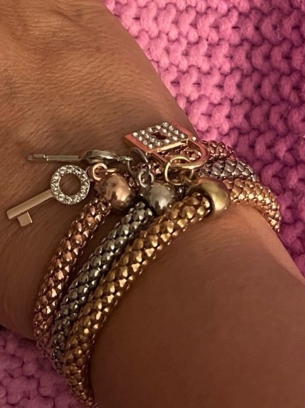 Tri-Tone Charm Stretch Bracelet Set - Rose Gold, Gold & Silver